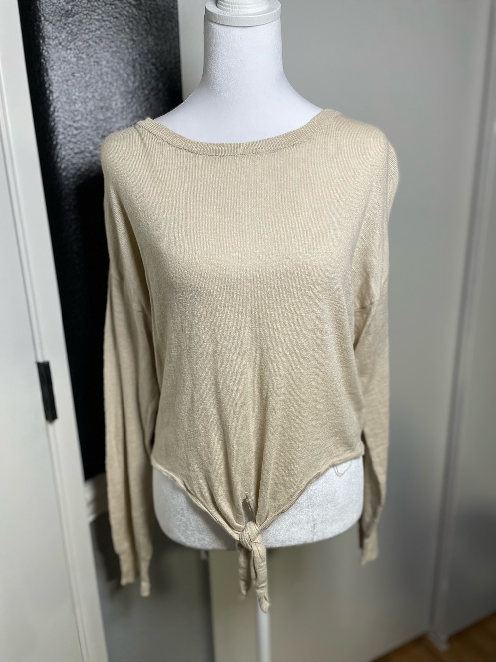 Love Tree Tie-Front Long Sleeve Top - Beige
